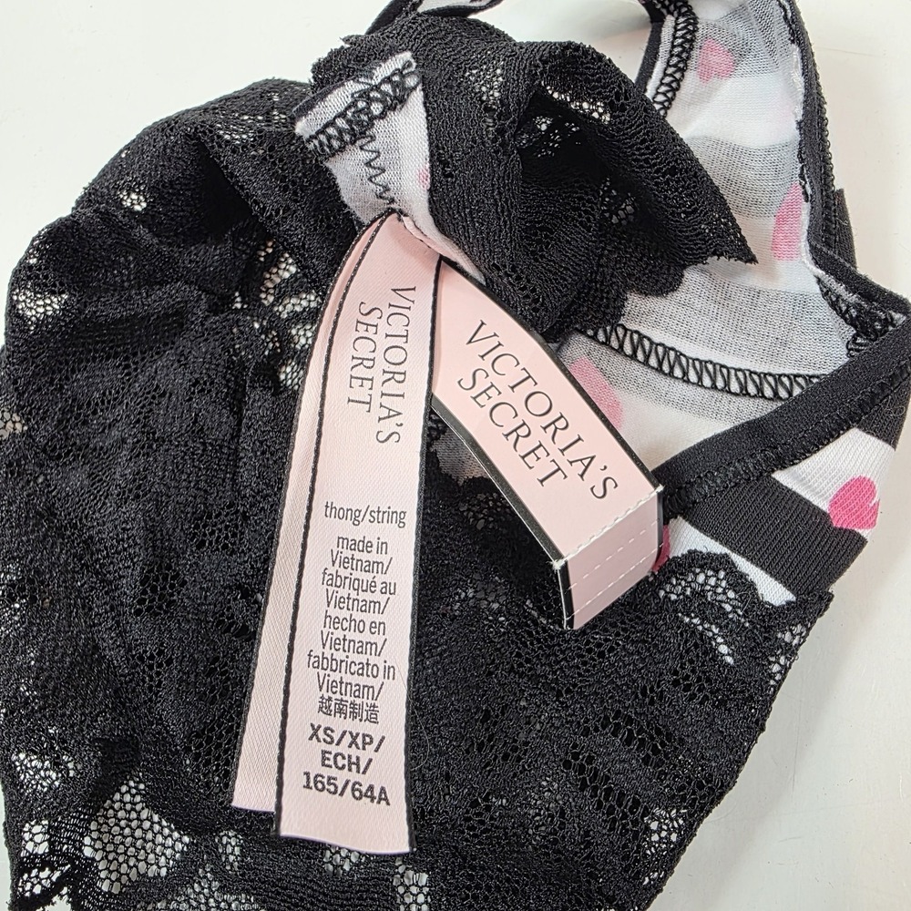Victoria's Secret women's thong black white stripe heart lace XS - Picture 4 of 4